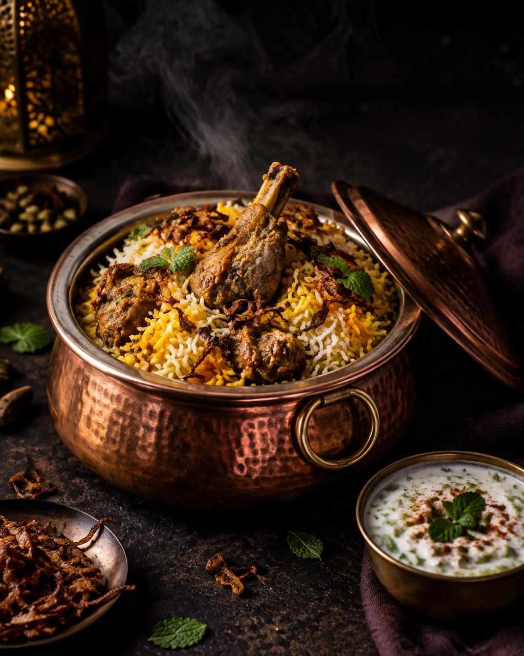Lamb biryani in a copper pot with raita