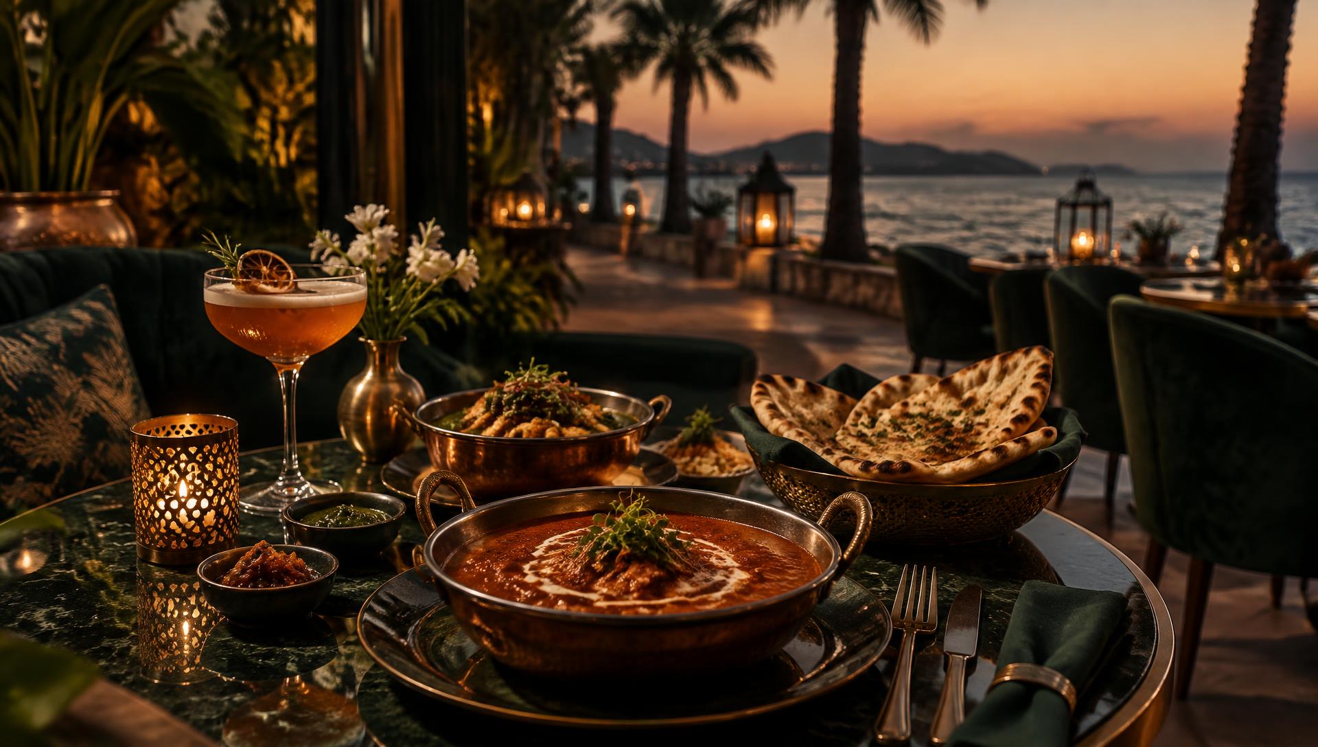 Indian curry, naan and a cocktail on a candlelit table by the Larnaca seafront at dusk