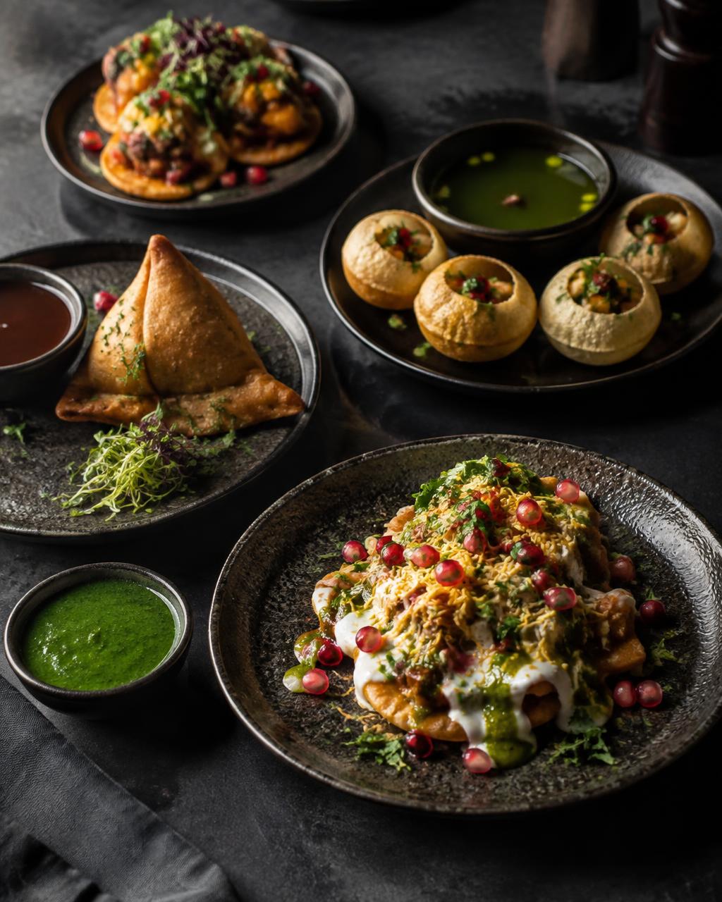 Samosa, pani puri and chaat small plates